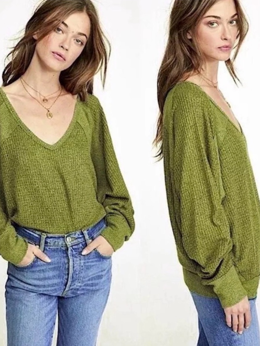 Free People Olive Green V-Neck Long Sleeve Top